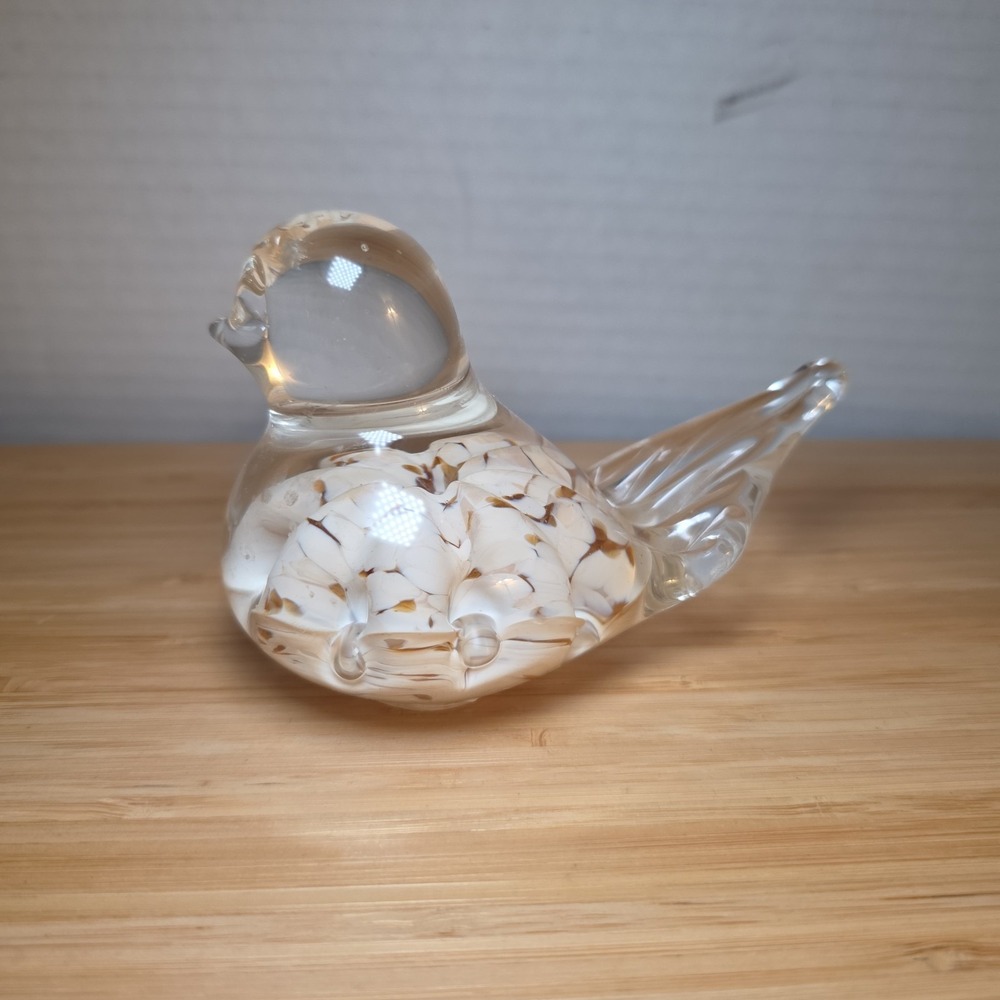 Vintage Joe St Clair Art Glass Bird Paperweight Brown White Ribbon